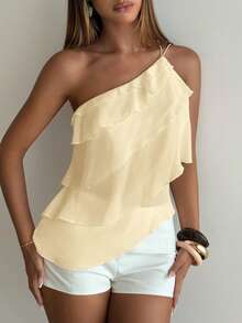 Aloruh 春夏新款优雅浪漫约会之夜情人节婚礼季粉色雪纺单肩露背层叠荷叶边上衣，性感沙滩荷叶边上衣，婚礼服，优雅浪漫粉色衬衫 - 米色 - 查看 6