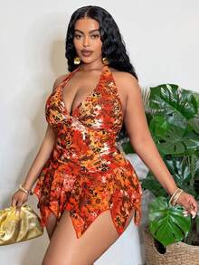 Slaydiva Maillot de bain grande taille Printemps/Été 2026, imprimé floral et feuillage coloré, col en V profond, côtés froncés, bordure en maille, taille haute. Tenue sexy pour la plage et la piscine en vacances - Multicolore - Voir 5