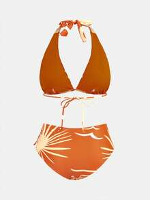 Maija Women's Summer Beach Vacation Printed Halter Bikini Set Beach Outfit For Women Summer Bikini Set For Women - Orange - View 7