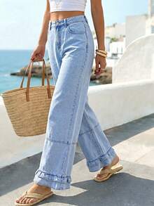 Breezaya Quần jean nữ kiểu dáng thường ngày, chất liệu denim, có túi xéo và gấu quần xếp ly. - Màu xanh lam - Xem 2