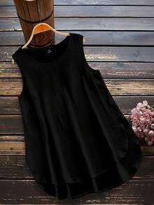 Linhara Plus Size Casual Sleeveless Solid Color Shirt, Summer - Black - View 1