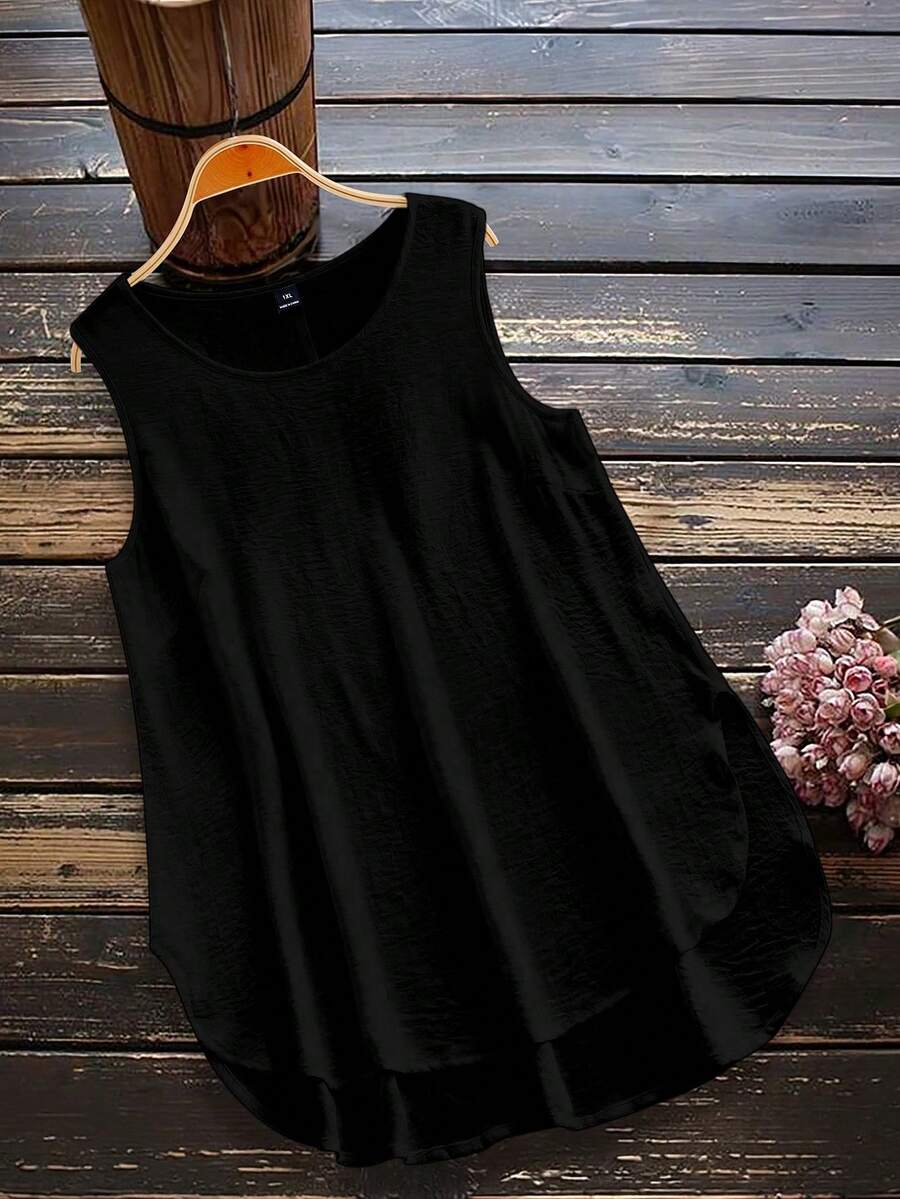 Linhara Plus Size Casual Sleeveless Solid Color Shirt, Summer - Black - View 1