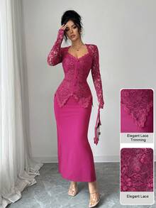 Modelyn Square Neck Lace Patchwork Button Waist Fitted Midi Dress For Women - Hot Pink - View 4