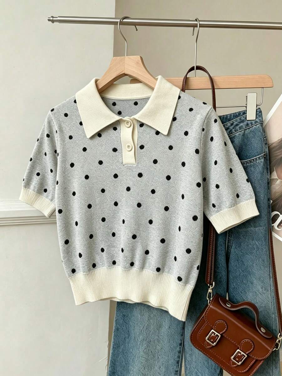 SHEIN EZwear 女款針織波點 Polo 領短袖上衣,優雅通勤百搭,夏季款 - 彩色 - 查看 1