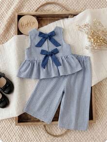 Bộ đồ 2 món cho bé gái gồm áo không tay và quần legging kẻ sọc, quần áo trẻ em, bộ đồ mùa hè 2 món cho bé gái. - Màu xanh lam - Xem 4