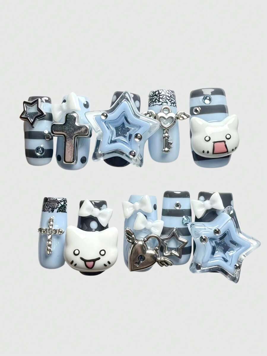 ROMWE Anime 10Pcs Gray Y2K Millennial Babes Pentagram Kawaii Sweet Cute Cat Expression Retro Polka Dot Stripe Pop Art Mine Series Mass Production Pure Hand-Worn False Nails, Sun Note Pill Series Harajuku Style Simple Fashion Pure Handmade Fake Nail Film, Suitable For College, Music Festival, Dating, Etc - Light gray blue - View 1