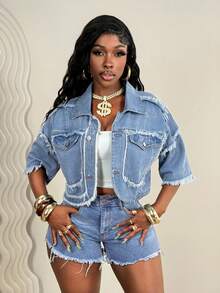 SHEIN BamGlam Trang phục cao bồi nữ, áo khoác ngắn tay bằng vải denim xanh không co giãn, trang phục mùa hè. - Rửa nhẹ - Xem 4