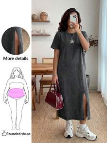 Enliva Plus Size Long Acid-Washed T-Shirt Dress Long Casual Dress, For Apple Rounded Body Shape, For Body Shape, For Summer - Black - View 1