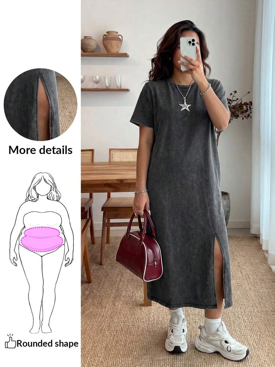 Enliva Plus Size Long Acid-Washed T-Shirt Dress Long Casual Dress, For Apple Rounded Body Shape, For Body Shape, For Summer - Black - View 1