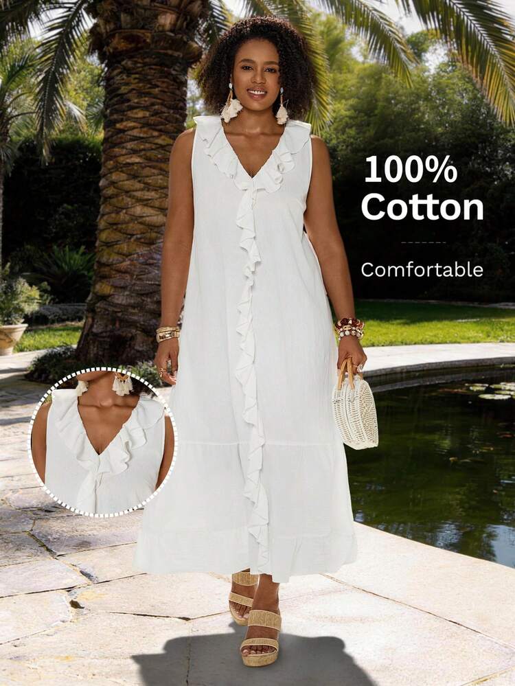 Plus Size Women Solid Color Ruffle Hem Sleeveless Elegant Dress Summer Summer Outfits Spring Clothing Spring Outfit Festival Outfits For Women Beach Outfit For Women Vacation Outfits Women Holiday Outfits For Women Summer Holiday Outfits Country Concert Outfit Women's Country Clothing