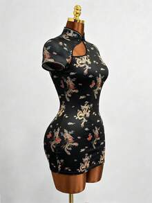 Mistrie Women's Elegant Cloud Floral & Chinese Dragon Print Split Sleeve Midi Dress - White - View 3