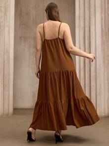Flouryn Plus Size Women Solid Color Ruffle Hem Camisole Dress Gym Brown Summer - Brown - View 2