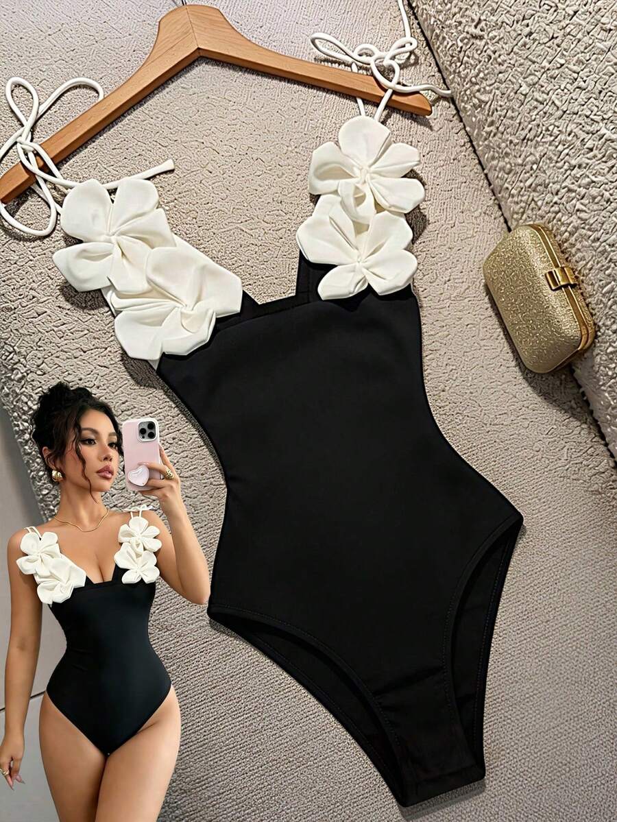 GlowEve Women's Elegant Sexy Black And White Bodysuit,Handmade Floral Bowknot Strap French Style, Contrast Color Design For Summer,Party Beach Night Vacation - Black and White - View 1