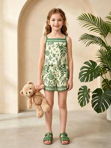 Conjunto de camiseta y shorts de cintura elástica con estampado de plantas tropicales versátil para niña preadolescente, ideal para vacaciones - Blanco - Ver 6