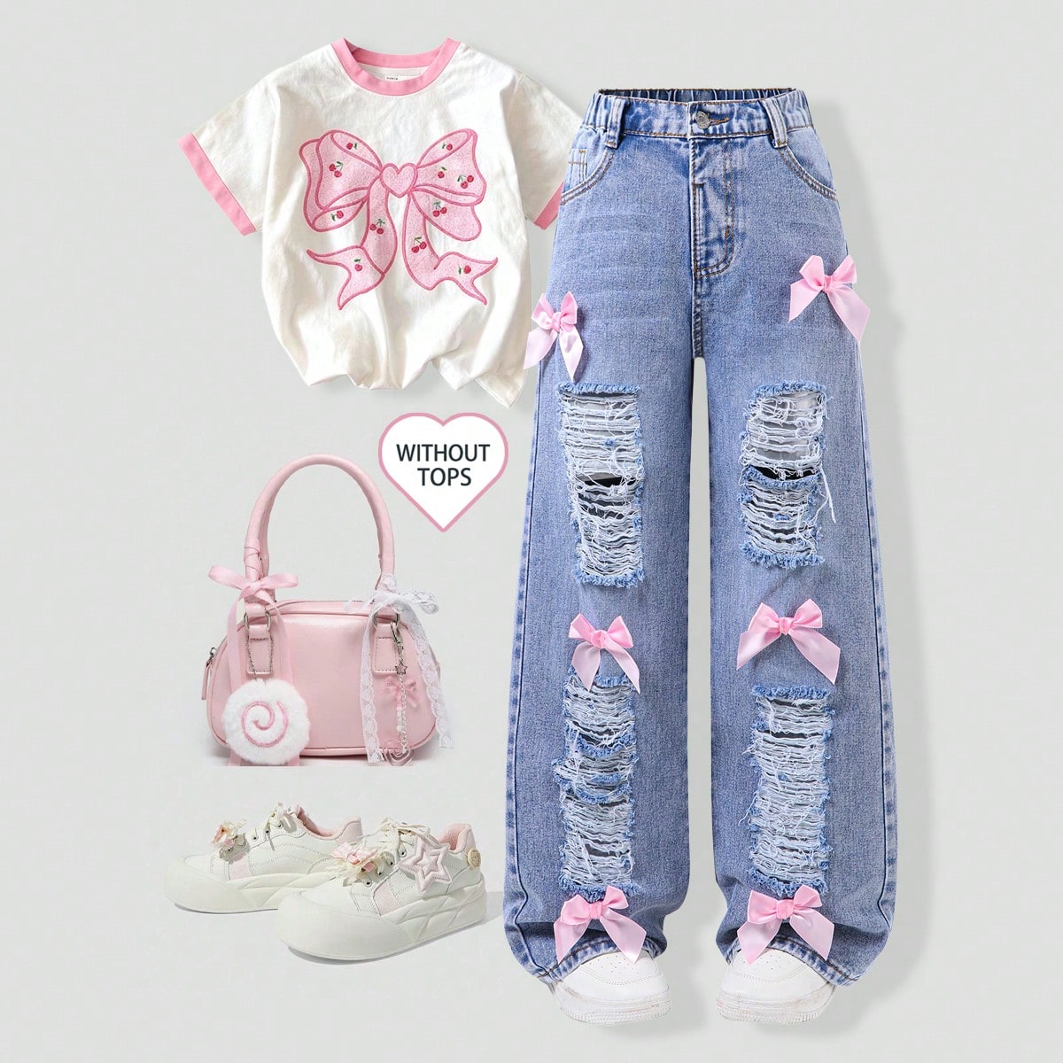 Pantalones vaqueros largos de pierna recta y suelta, estilo dulce y fresco, con lavado claro, rasgados y decorados con lazos, para niñas preadolescen