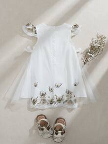 Souflis Souflis Baby Girl Round Neck Bow Decor Butterfly Pattern Casual Party Dress - White - View 2