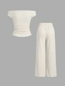 Sweetra Women's All-Match Versatile 2-Piece Set: Solid Color Open Shoulder Top & Casual Drawstring Wide-Leg Pants - Beige - View 2