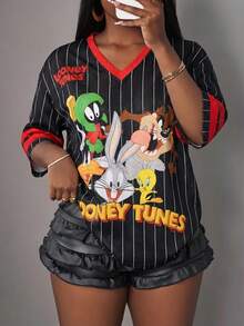 Slaydiva LOONEY TUNES X SHEIN Áo thun lưới cổ chữ V dáng thường ngày dành cho nữ - Nhiều màu - Xem 3