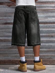 AXEPEAK Men's Washed Denim Shorts With Embroidered Floral Design, Fashionable - Black - View 2