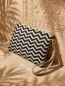 Swim Chiccia Sac de rangement à main de printemps/été à la mode, pochette d'enveloppe décontractée bicolore noire et blanche avec motif ondulé. Enveloppe tissée en rotin de couleur multi-usage pour femmes, accessoire de plage, sac d'été, parfait pour les voyages, les vacances et la plage. - Multicolore - Voir 3