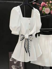 Franclia Áo sơ mi nữ kiểu Pháp cổ điển thắt eo bằng vải chiffon, thiết kế mới mùa hè độc đáo, cổ vuông, tay lửng, màu trắng. - trắng - Xem 3