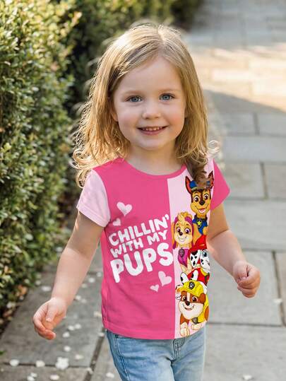SHEIN | PAW Patrol 可爱时尚圆领短袖T恤，适合年轻女孩