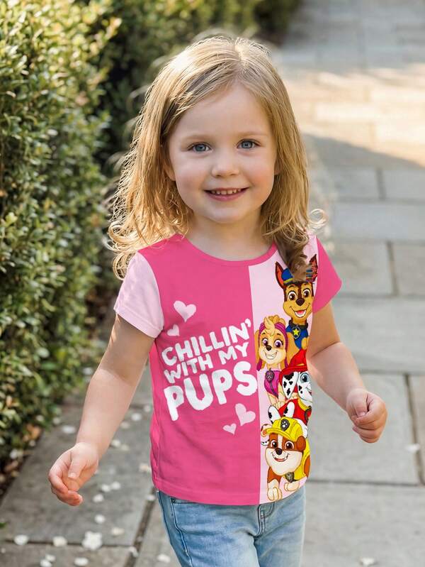 SHEIN | PAW Patrol 可爱时尚圆领短袖T恤，适合年轻女孩