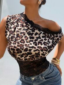 SHEIN SXY Black Elegant Lace Splice One-Shoulder Collar Blouse,Great Quality,Short Sleeve,Daily,All Over Print,New,Night Out,Leopard Print , Cheetah Print , Cute Top Lace Tops For Women Leopard Mesh Top - Multicolor - View 6