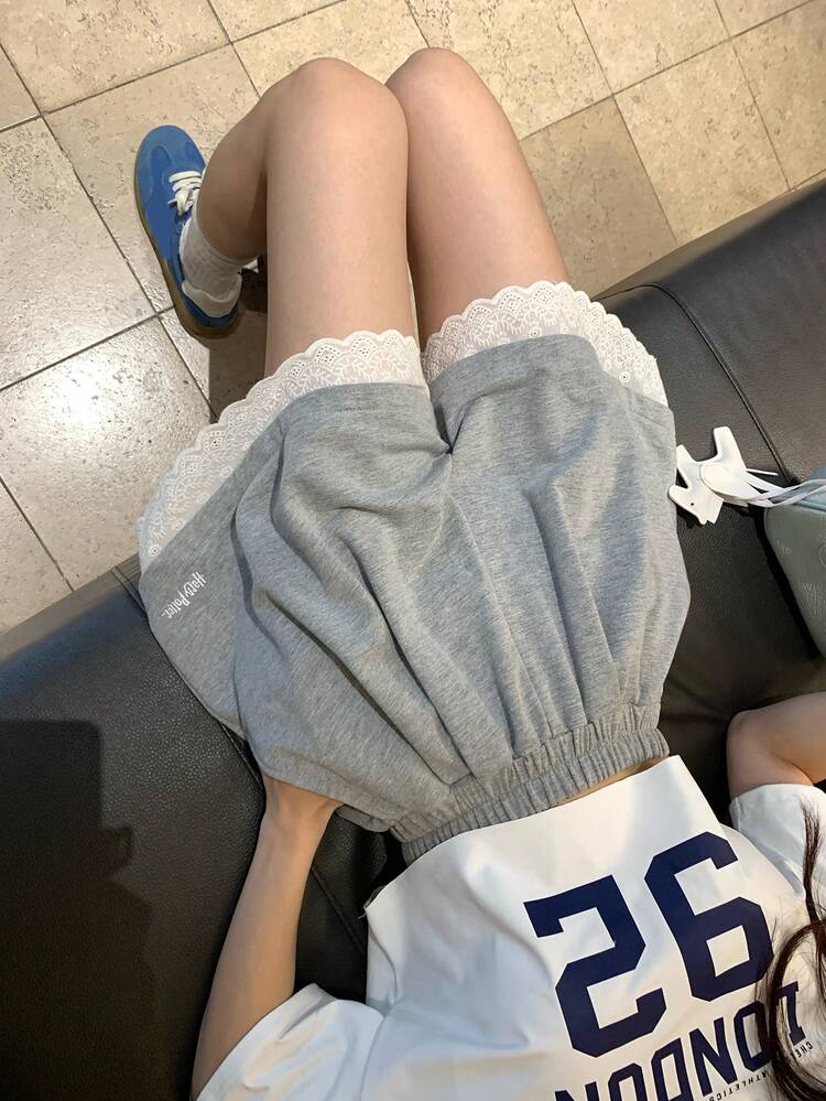 Lace Patchwork Loose Letter Print Women's Shorts