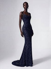 Elitara Váy dạ hội trang trọng không tay đính sequin cho nữ (Kiểu dáng nặng) Váy dự tiệc cưới thanh lịch, dự tiệc tốt nghiệp, váy dự tiệc tối - Màu xanh hải quân - Xem 5