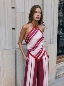Nöista Co-Ord Halter Neckline With Red Trim And Diagonal Navy, White, And Gray Stripes On The Top. The Wide-Leg Pants Continue The Vertical Stripe Pattern. Set, Spring, Summer, Easter. - Pink - View 3