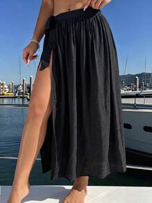EMERY ROSE Plus Size Women's Side Knot Linen Vacation Black Bamboo Knit Skirt Fall - Black - View 3