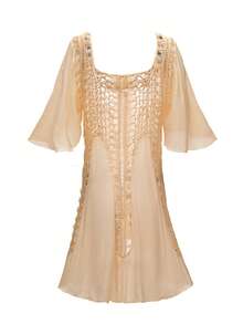 Swim Vcay Plus Size Women Solid Color Square Neck Ruffle Sleeve Hollow Out Cover Up Dress - Apricot - View 8