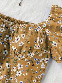 SHEIN Sweetro 2pcs/Set Ditsy Floral Petal Sleeve Top And Mini Skirt - Yellow - View 3