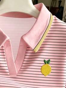 Resyla Women's Striped Lemon Embroidery Casual Versatile Daily Wear Top - Multicolor - View 3