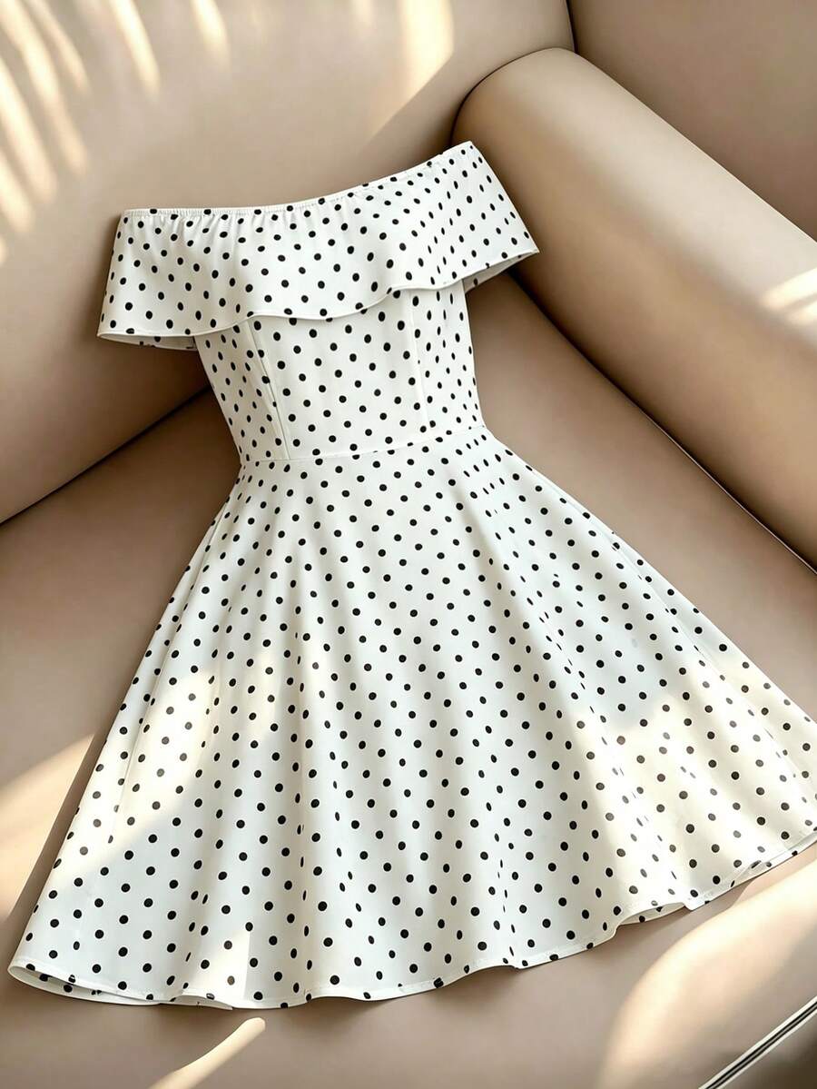 SHEIN PariChic 女士常规短款连衣裙，性感优雅的露肩弹力荷叶边装饰，A字荷叶边下摆，适合所有季节。时尚、性感、优雅，适合职场穿着。 - 彩色 - 查看 1