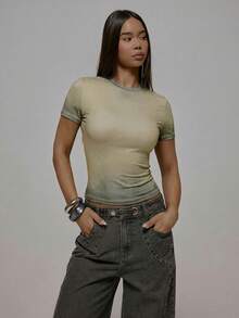 MUSERA 水洗修身婴儿T恤衫上衣 秋季街头风酷女孩Y2K日常休闲复古春夏假日 - 卡其色 - 查看 1