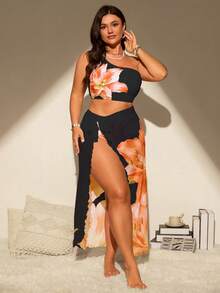 SHEIN Swim Vcay Bộ đồ bơi 3 mảnh cỡ lớn dành cho nữ, màu đen, họa tiết hoa ly 3D, gồm áo lệch vai, quần cạp cao và chân váy. - màu đen - Xem 5