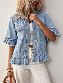 SHEIN Holidaya Áo khoác denim nữ thời trang, đa năng, cài nút, viền bèo nhún - Rửa nhẹ - Xem 5