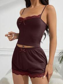Women's Summer Solid Color Contrast Lace Slim Cropped Camisole And Shorts Pajama Set - Burgundy - View 4