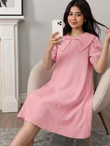 SHEIN 少女纯色仿珍珠装饰时尚派对连衣裙 - 粉色 - 查看 3