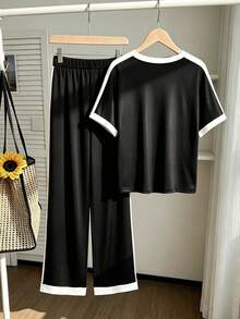Tween Girls Casual All-Match Versatile Daily Wear Black & White Contrast Trim Round Neck Raglan Sleeve T-Shirt + Straight Leg Knit Pants Set - Black - View 2