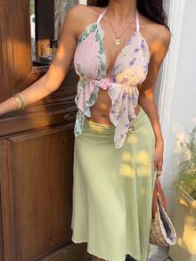 Sunnyshic Wave Decor Floral Tie Neck Blouse - Pink - View 6