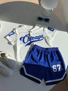 SHEIN Little Byeori Bộ 2 món đồ cho bé trai, phong cách thể thao thường ngày, sinh viên, đường phố, dễ thương, thích hợp cho kỳ nghỉ, đi nghỉ mát, áo khoác cardigan in chữ kiểu áo bóng chày và quần short, phù hợp cho trang phục trẻ em, quần áo bé trai đi học, thích hợp cho tiệc sinh nhật, tiệc tối, biểu diễn, đám cưới, lễ rửa tội, lễ khai trương, sử dụng hàng ngày, thích hợp cho đi học, thích hợp cho du lịch, thích hợp cho thể thao, thích hợp cho mùa xuân và mùa hè. - Nhiều màu - Xem 3