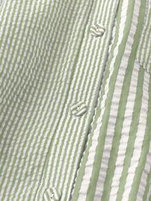Linhara Plus Size Women's Colorblock Striped Print Patchwork Full Button Front Pocket Casual Short Sleeve Shirt - Green - View 6