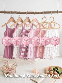 SHEIN Bộ đồ ngủ 8 món cho bé gái, màu trơn, họa tiết mây và nơ, gồm áo hai dây và quần short dệt kim, gồm áo hai dây và quần short. - Nhiều màu - Xem 3