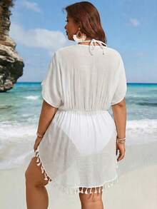 Swim Lushoire 2026 New Model  Plus Size Women Kimono Robe, Lightweight, Slit, Fringe Trim, Loose Waist Tie Belt,  Mature, Vacation, Beach Wear - White - View 2