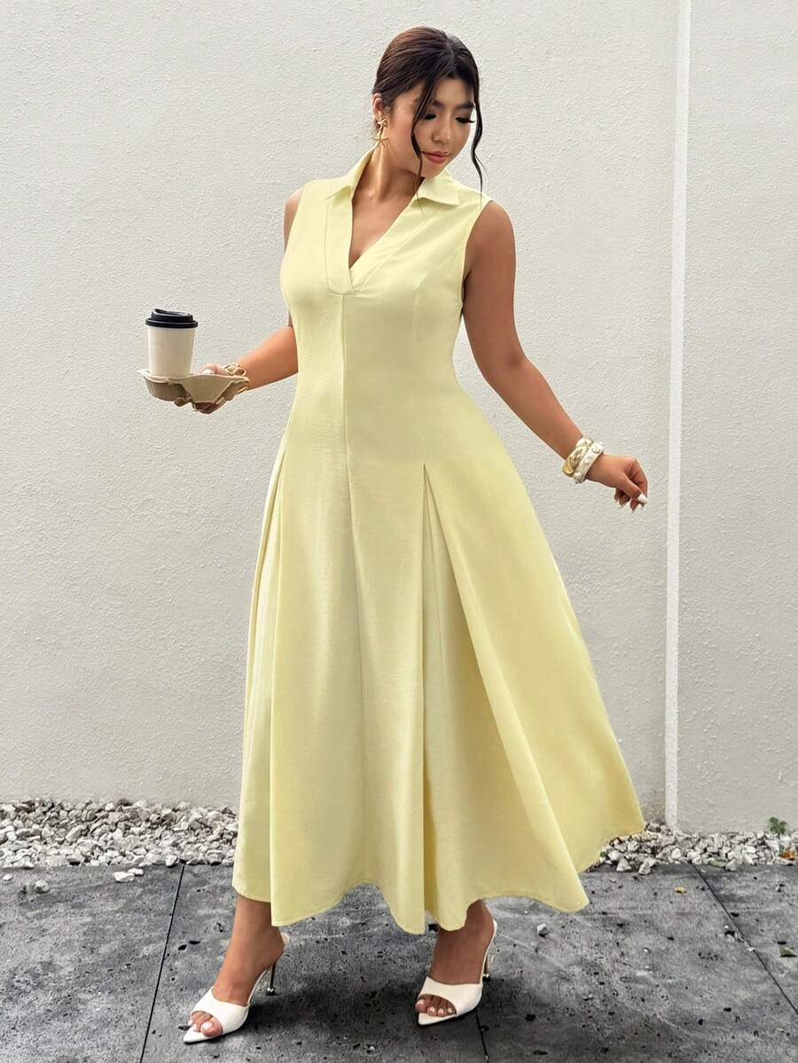 Firerie Plus Size Women's Elegant Summer Yellow Sleeveless V-Neck Waist Gathered A-Line Dress,Casual Daily Commute Beach Tea Party Vacation Chic - Yellow - View 1