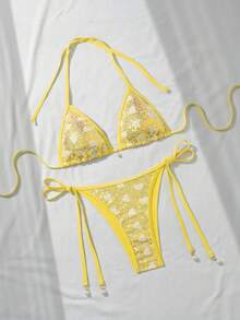 Costavie Swim Mod 兩件式比基尼套裝，春夏季海灘度假，心形亮片紋理面料配珍珠裝飾，掛脖三角內衣與側綁比基尼褲，性感比基尼套裝 - 彩色 - 查看 4