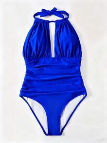 SHEIN Swim Áo tắm liền thân mùa hè dành cho nữ, màu trơn, xếp ly, hở lưng, buộc dây phía trước. - Xanh đậm - Xem 6